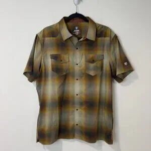 Kuhl Men's Konquer Shirt Short Sleeve LightweightPlaid Large Blue Gold Brown